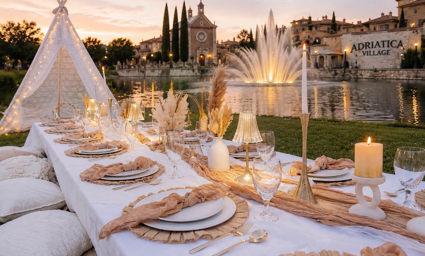 Real bridal shower tablescape by Enchanting Escapes at Adriatica Village in McKinney at dusk
