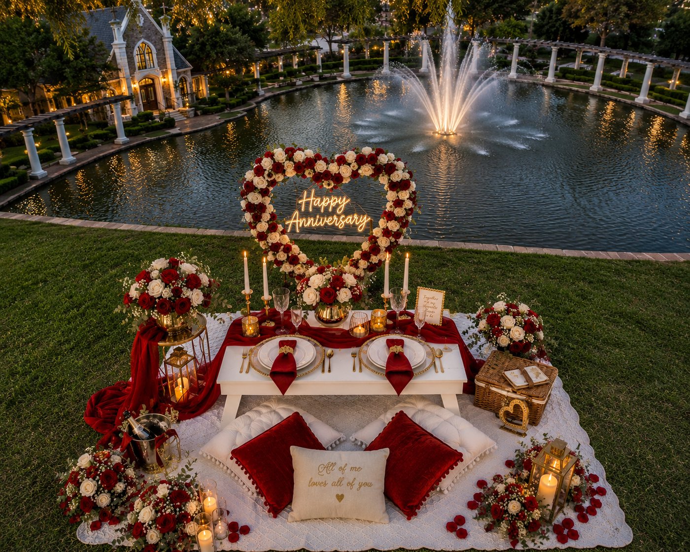 Real anniversary picnic in Dallas-Fort Worth with red rose heart arch by Enchanting Escapes