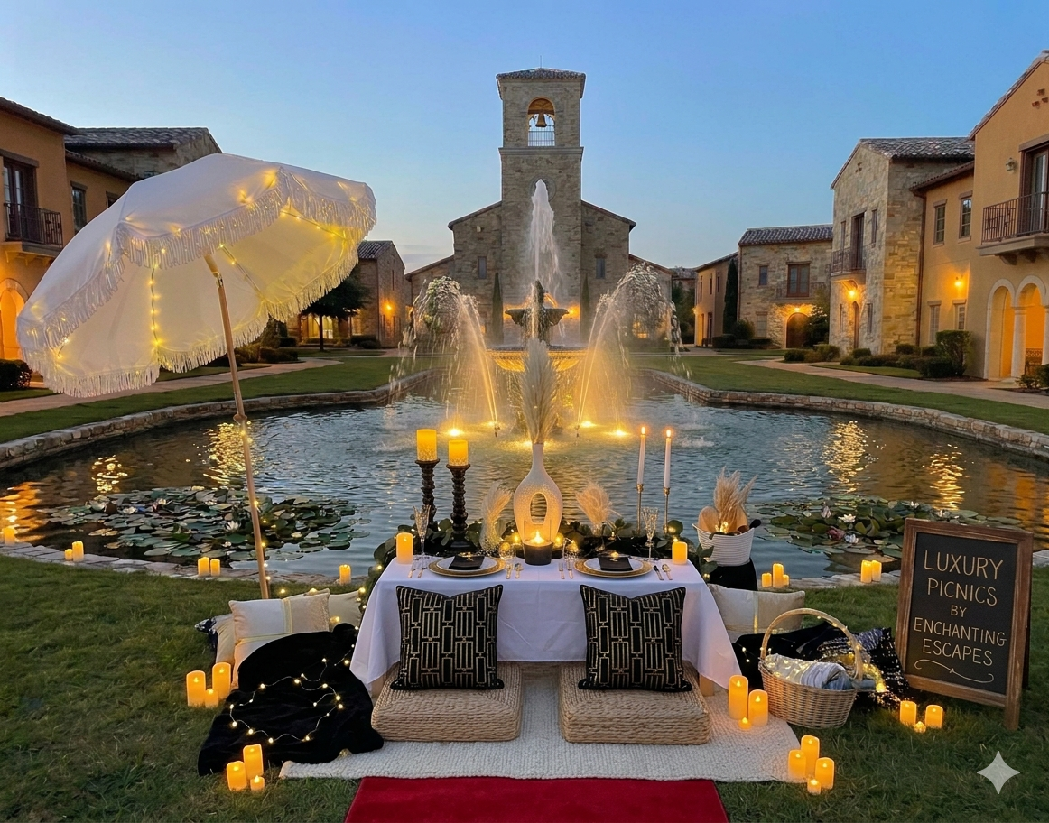 Luxury picnic by Enchanting Escapes styled beside a fountain with candlelight in McKinney