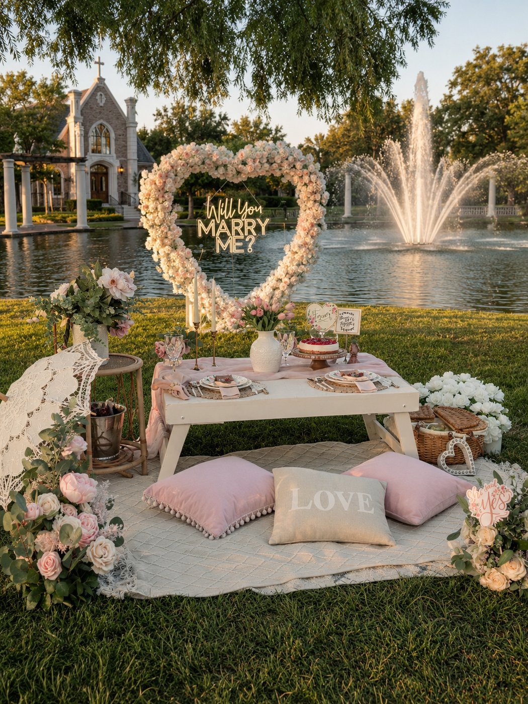 Real Enchanting Escapes proposal setup with heart arch and Will You Marry Me sign by the fountain in McKinney